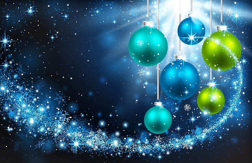 Feliz Ano Novo!, azul, verde, bola, deco, cartão papel de parede HD