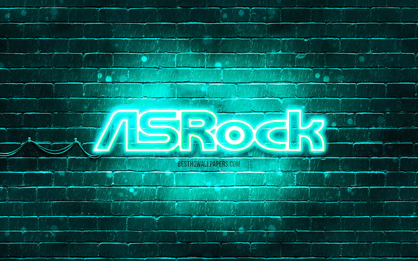 Logotipo turquesa de ASrock, pared de ladrillo turquesa, logotipo de ASrock, marcas, logotipo de neón de ASrock, ASrock fondo de pantalla