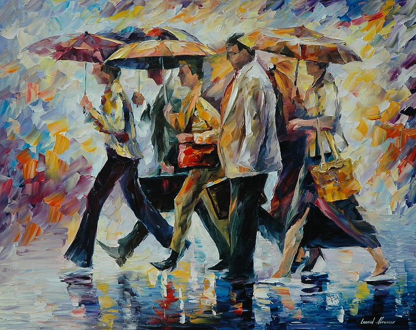 Leonid Afremov - J'ai oublié mon parapluie, parapluie, pluie, art, homme, gens, femme, leonid afremov, reflet, peinture, rue, eau Fond d'écran HD