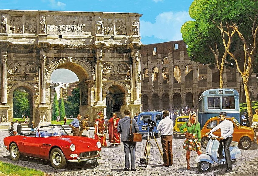 Ubicación de la película en Roma, retro, roma, arquitectura, coliseo, Arco de Tito, autos, italia, vintage fondo de pantalla