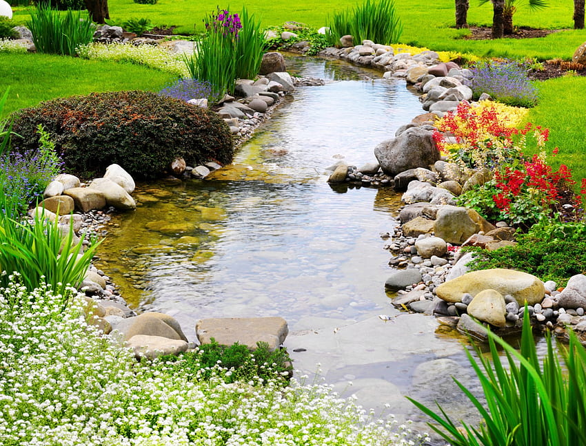 Park Creek, creek, plants, bush, rocks, stones, park, flowers, Spring, water, foliage HD wallpaper