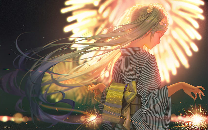 Fireworks, kimono, fantasy, art, asian, yellow, ra lilium, girl, new year HD wallpaper