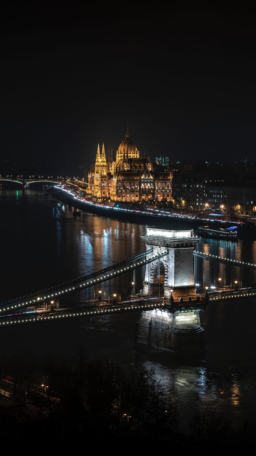 Villes, Ville de nuit, Éclairage de la ville, Pont, Hongrie, Budapest Fond d'écran de téléphone HD