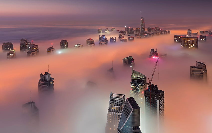 두바이, UAE, 고층 빌딩, 안개, 구름, 아침 HD 월페이퍼