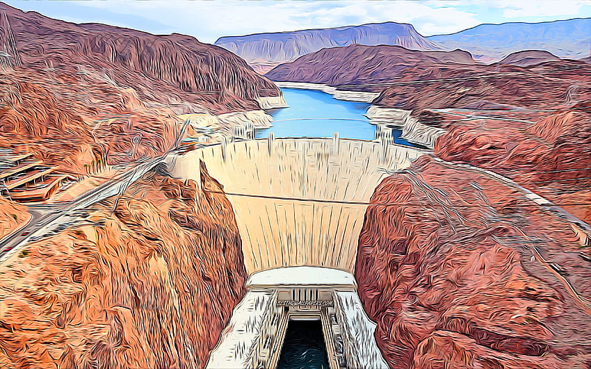 Barrage Hoover, fleuve Colorado, art vectoriel, monuments américains, créatifs, attractions touristiques américaines, centrale hydroélectrique, États-Unis, Amérique, barrage de Boulder Fond d'écran HD