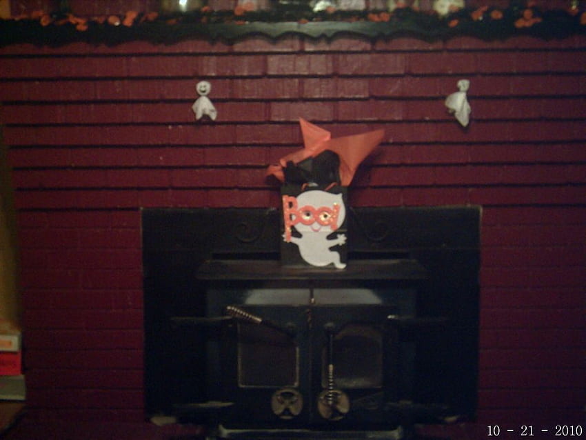 Boo by the fireplace, halloween, ghost, boo, decorations, fireplace HD wallpaper