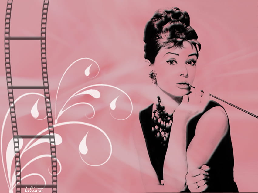 Audrey Hepburn, pink, black, film, woman HD wallpaper