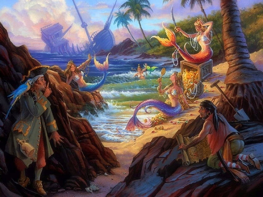人魚と海賊、海辺、海、熱帯、ビーチ、夢の中のアトラクション、楽園、難破船、絵画、人魚、夏、四季を愛する、ファンタジー、富、自然、海賊 高画質の壁紙