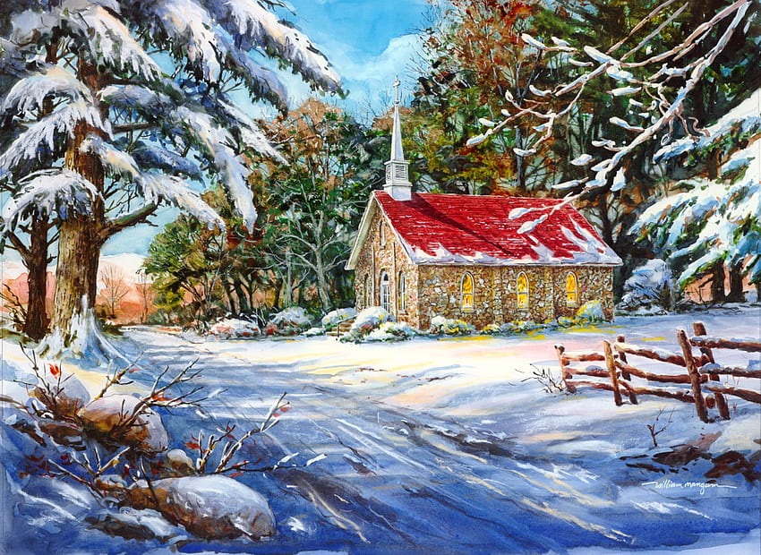 Mayberry church, winter, frost, art, cold, beautiful, church, painting, snow, christmas, road HD wallpaper
