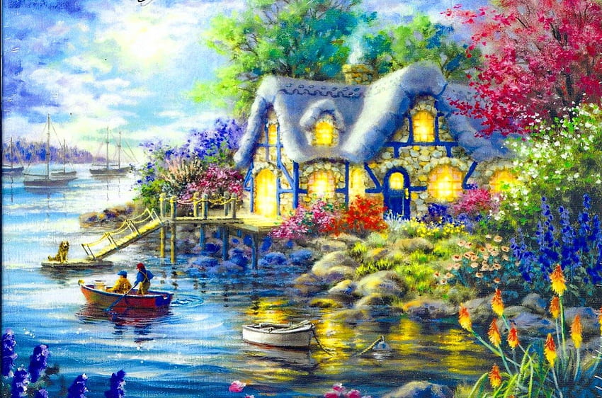 Lovely place, river, colorful, vreek, peaceful, spring, walk, serenity, nice, quiet, shore, reflection, painting, boats, trees, water, house, paradise, beautiful, lake, cabin, summer, pretty, lights, cottage, lovely, calmness, countryside HD wallpaper