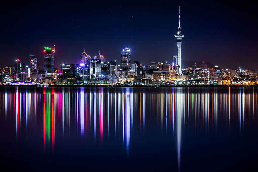 Städte, Ufer, Bank, Neuseeland, Wolkenkratzer, Beleuchtung, Panorama, Beleuchtung, Gebäude HD-Hintergrundbild