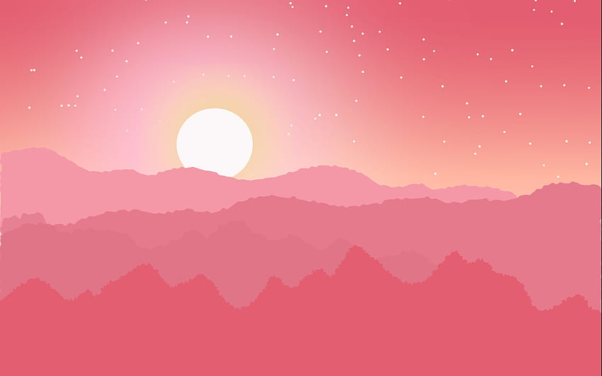 sun, mountains, horizon, stars, pink HD wallpaper