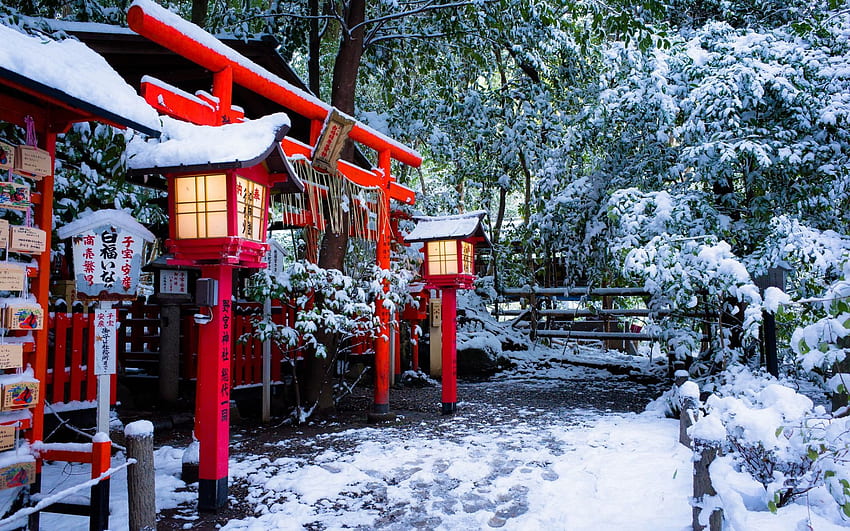 Torii gate of Nonomiya Shrine in Kyoto winter snow. nature Japan HD wallpaper