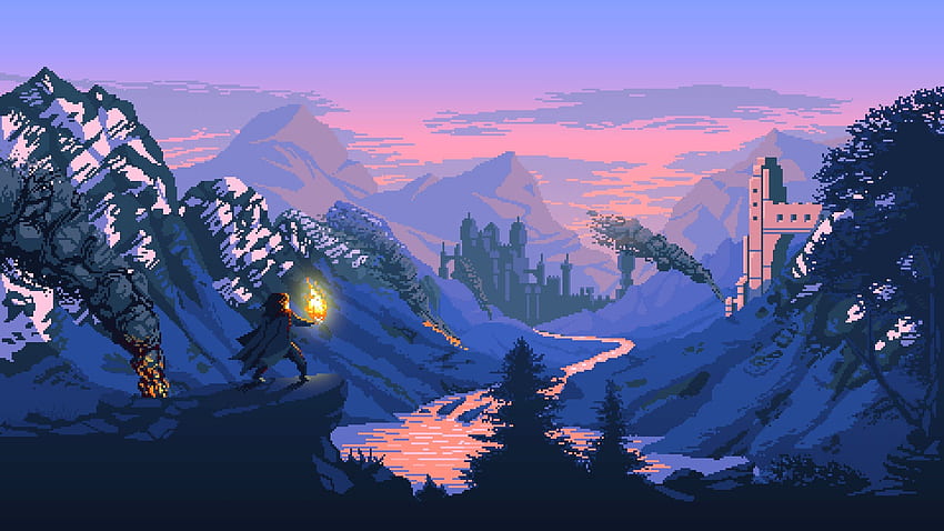 pixel art, Fantasy art, Digital art, Mountains, Castle / and Mobile Background HD wallpaper