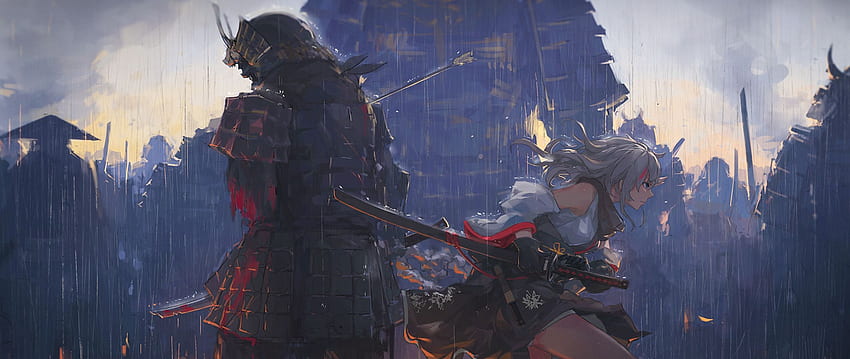 アニメの女の子, 侍, 戦い, 剣, 雨が降っている, 2560 X 1080 アニメ 高画質の壁紙