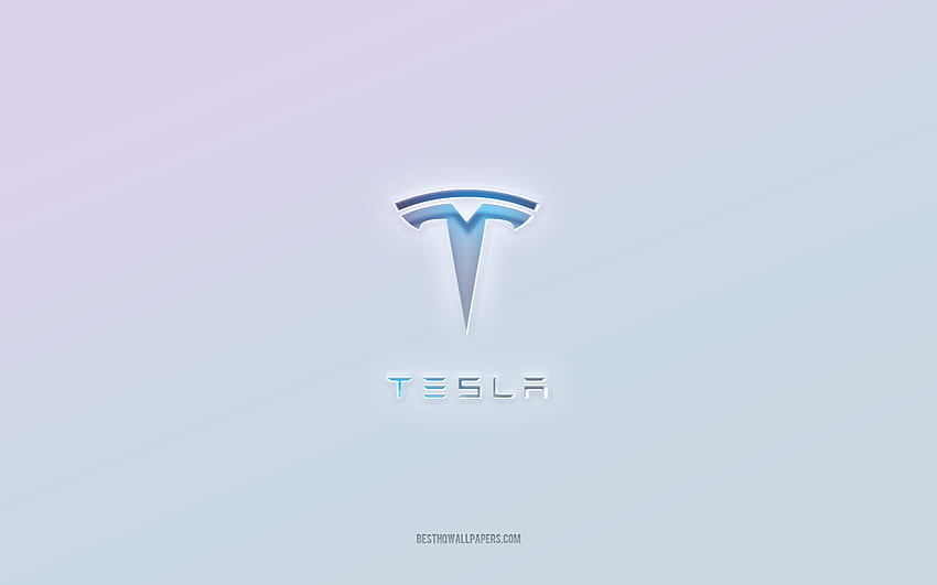 Лого на Tesla, изрязан 3d текст, бял фон, лого на Tesla 3d, емблема на Tesla, Tesla, релефно лого, емблема на Tesla 3d HD тапет