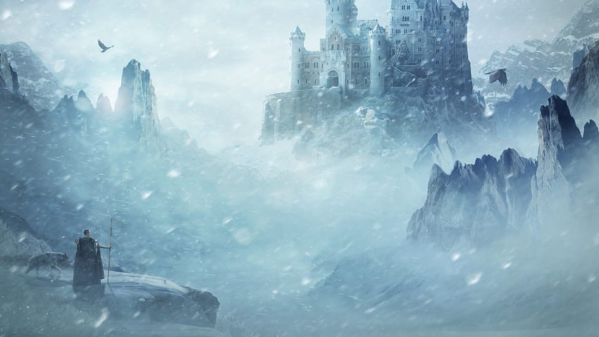 snow, castle, fortress, man, wolf, birds HD wallpaper