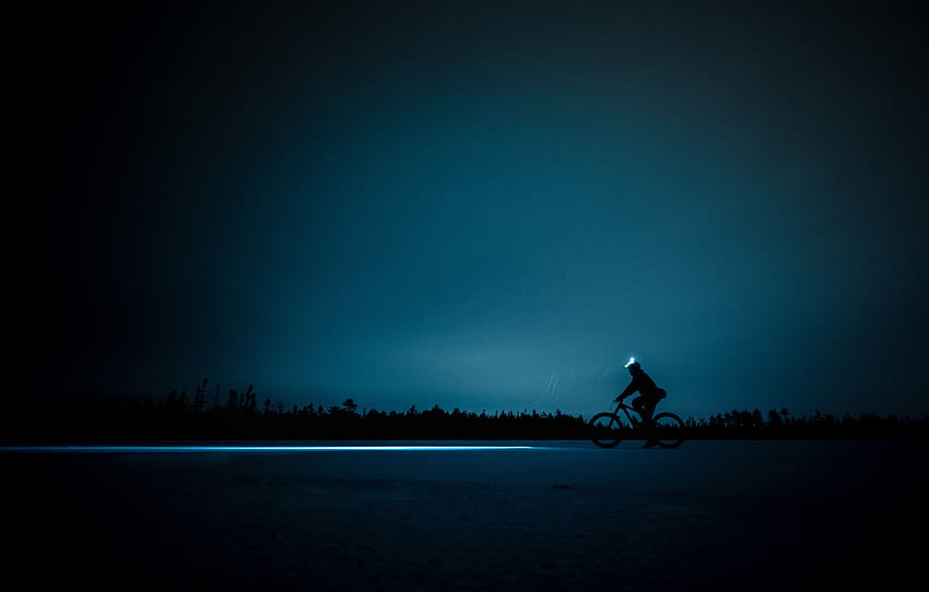 Notte, orizzonte, buio, splendore, luce, silhouette, bicicletta, ciclista Sfondo HD