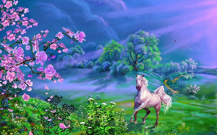 Fantasy, blue, white, horse, art, beautiful, grass, field, sky, nature, flowers HD wallpaper