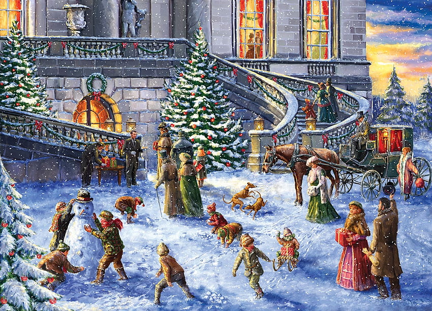 A traditional english Christmas, children, house, tree, snowman, painting, snow HD wallpaper