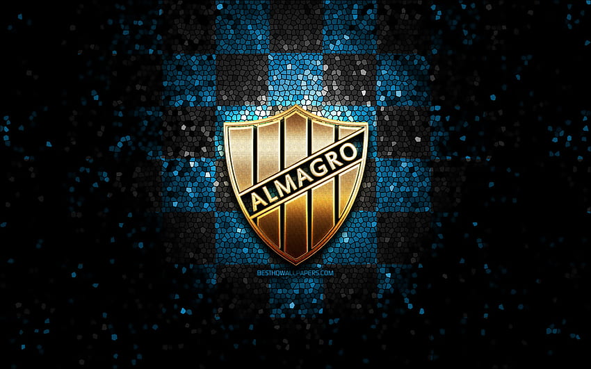 Almagro CF, glitter logo, Primera Nacional, blue black checkered background, soccer, argentinian football club, Club Almagro logo, mosaic art, Club Almagro, football, Club Almagro FC HD wallpaper