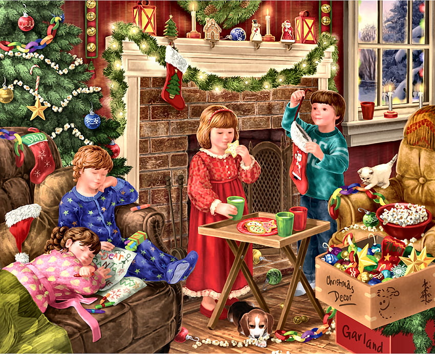 Children Decorating for Christmas FC, dogs, cats, feline, occasion, holiday, scenery, painting, little girls, decorating, children, December, art, beautiful, illustration, artwork, wide screen, Christmas, pets, canine HD wallpaper