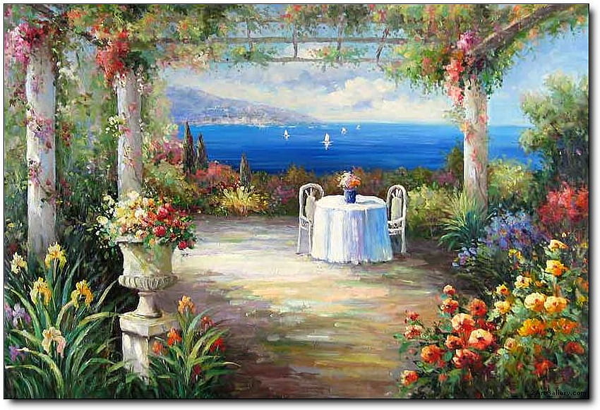 Mediterraner Garten Terrasse, Meer, Garten, mediterran, Terrasse HD-Hintergrundbild