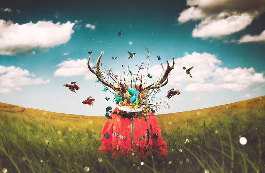 surrealism, astronaut, art, imagination, deer, horns, field background, Astronaut Flower HD wallpaper