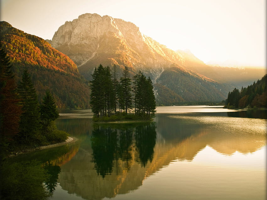 Matahari terbit, tenang, alam, danau, gunung Wallpaper HD