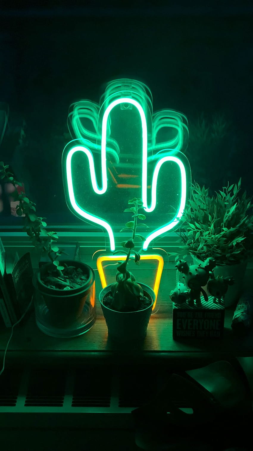 Neón, cactus, flores, luz, verde: letrero de neón genial para Android fondo de pantalla del teléfono