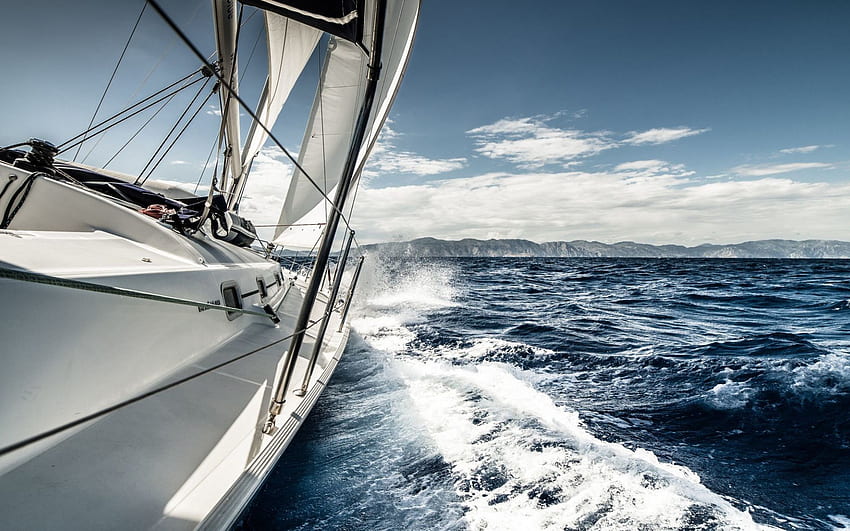 białe żagle, jacht, pejzaż morski, żaglówka, fale, jacht na morzu Tapeta HD