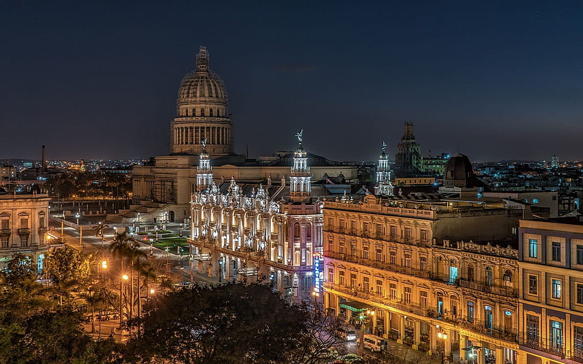 Stara Hawana, Kuba, noc, miasto, światła, budynki Tapeta HD