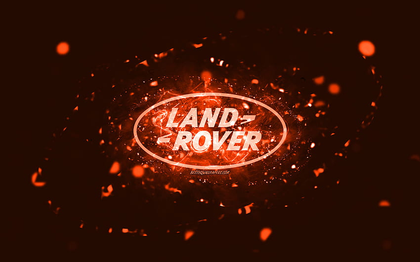 Land Rover orange logo, , orange neon lights, creative, orange abstract background, Land Rover logo, cars brands, Land Rover HD wallpaper
