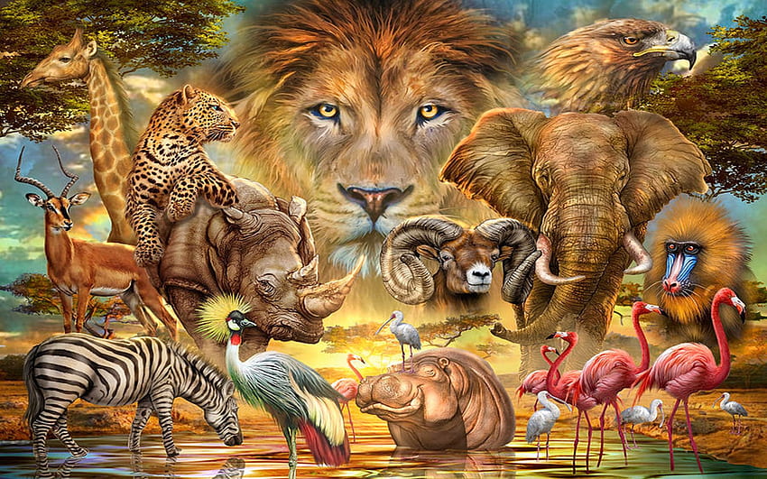 สัตว์เลี้ยงลูกด้วยนมแอฟริกัน ช้าง ดิจิตอล เสือดาว นก ศิลปะ สิงโต ม้าลาย วอลล์เปเปอร์ HD