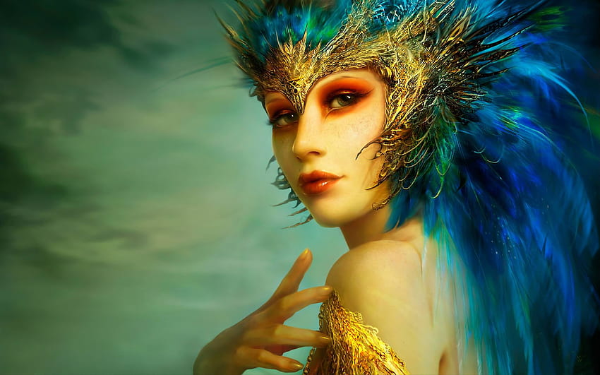 Fantasy girl, blue, frumusete, art, gorgeous, fearher, superb, fantasy, yellow, green, face, luminos HD wallpaper