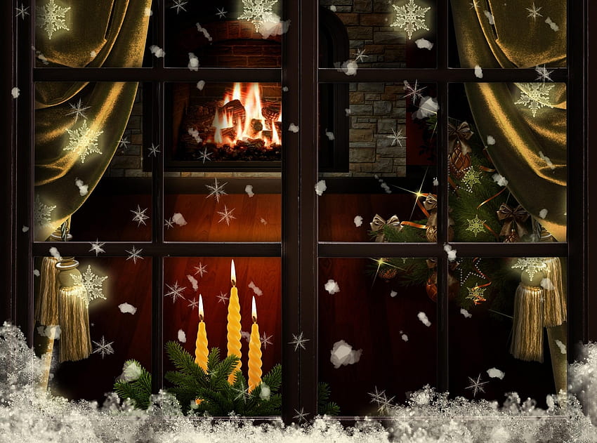 Празници, Свещи, Коледа, Прозорец, Елха, Уют, Комфорт, Камина HD тапет