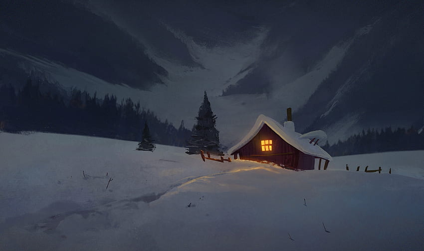 アート, 夜, 雪, 家, イズバ 高画質の壁紙