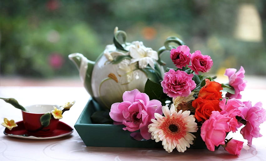 Blumen, Rosen, Tasse, Tisch, Tee, Gerbera, Tablett HD-Hintergrundbild