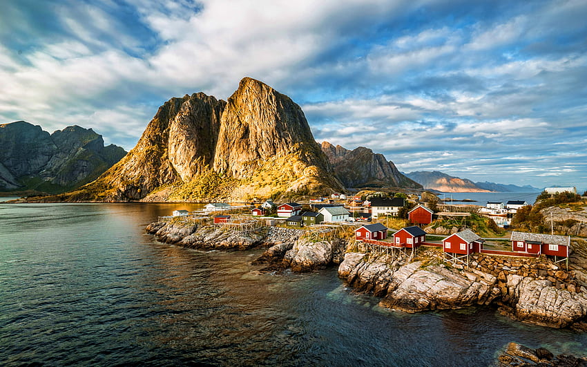 Лофотенски острови, море, планини, село, скали, Норвегия, Европа HD тапет