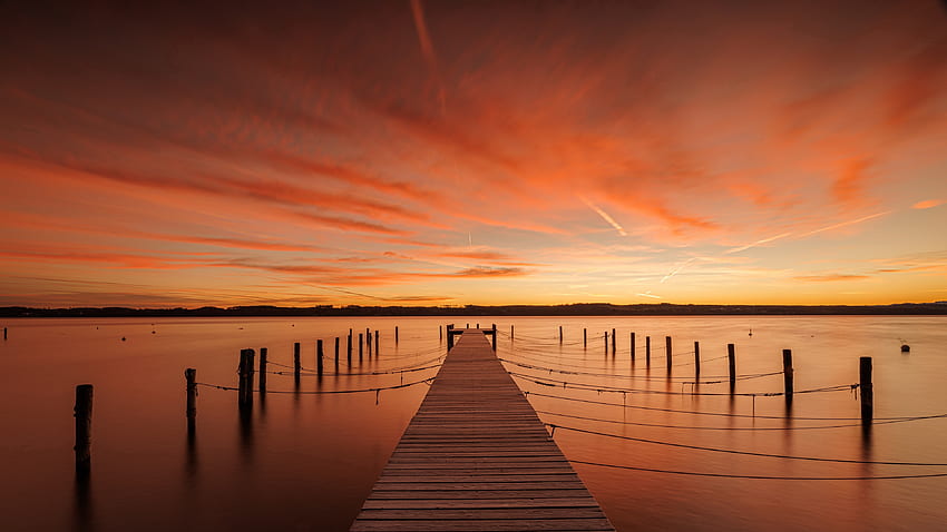 Sunset, Lake, Sky, Bridge HD wallpaper