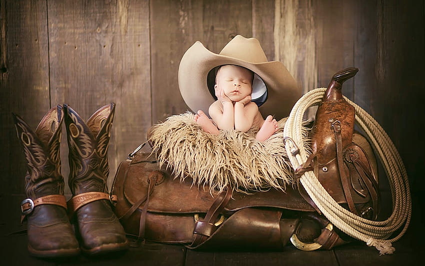 Baby Cowboy, sweet, lasso, graphy, baby, cowboy, brown, portrait, lovable, saddle, Cowboy hat, infant, adorable, boots HD wallpaper