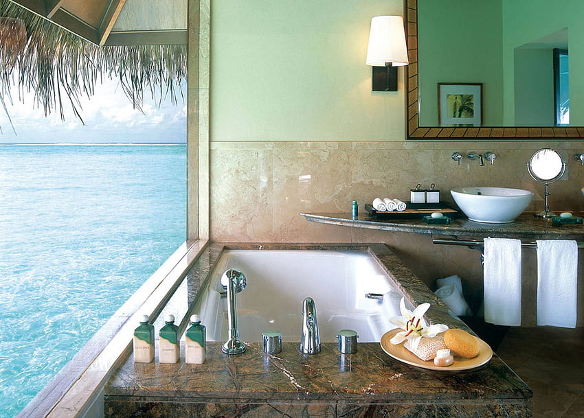 Bath in Water Bungalow Maldives, water bungalow, island, bathroom, bath, tropical, vista, maldives, ocean, hot tub, sea, escape, luxury, exotic, paradise, jacuzzi, lagoon, retreat, 5 star, sanctuary, view, atoll, spa, peace HD wallpaper