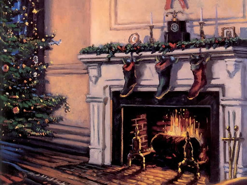 Christmas Fireplace And Stockings, Vintage Christmas Scenes HD wallpaper