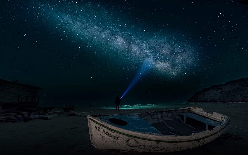 Sandy Beach At Night Time Boat Sky Star Digital Art HD wallpaper