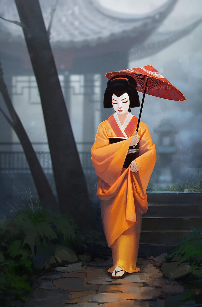 Kunst, Mädchen, Regenschirm, Kimono, Geisha HD-Handy-Hintergrundbild