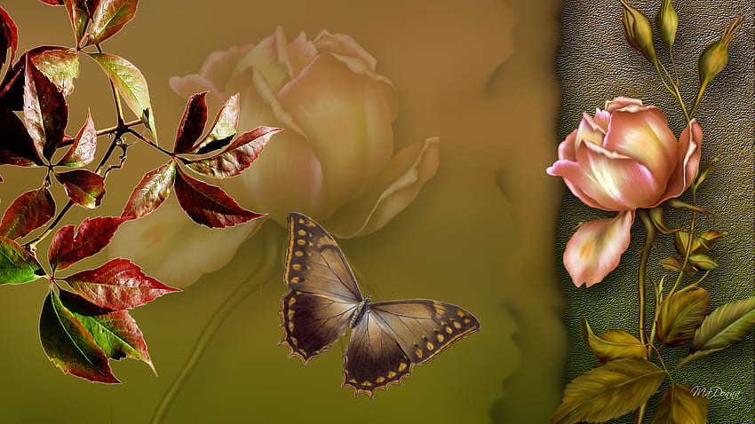 Rose of Autumn, rose, shadow, leaves, butterfly, firefox persona, fall, autumn HD wallpaper