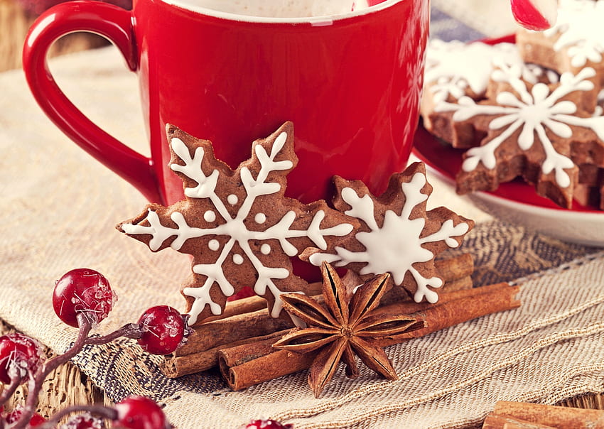 baking, Cookies, Cinnamon, Mug, Snowflakes, Food / and Mobile Background, Christmas Coffee HD wallpaper