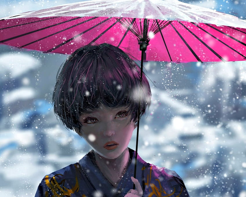 Nieve, azul, invierno, paraguas, arte, niña, rosa, fantasía, wlop, luminos fondo de pantalla