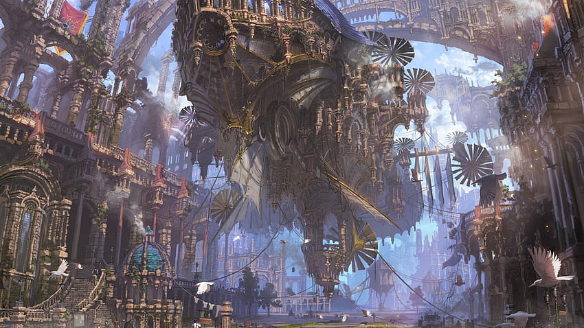 Fantasy World, Steampunk, Flying Ship, Castle, Cityscape, Buildings for , Flying City Sfondo HD