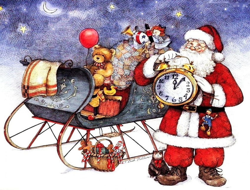 Santa's Timer, artwork, sleigh, snow, christmas, gifts, xmas HD wallpaper
